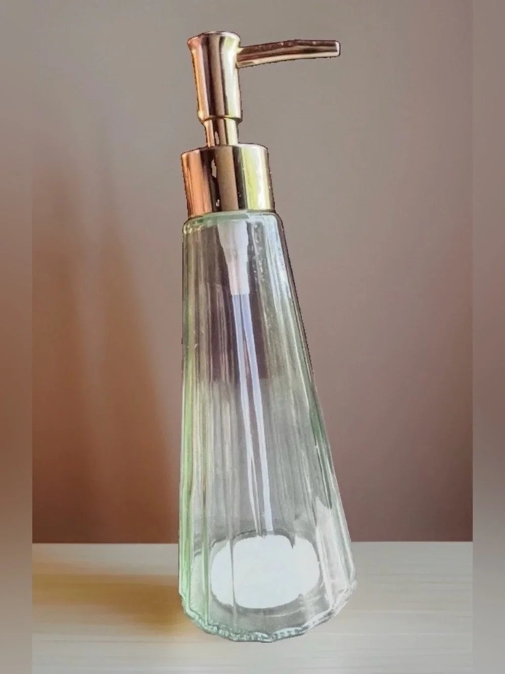 Old East Main Glass Soap Dispenser Fluted Clear Gold Pump 9” Bathroom